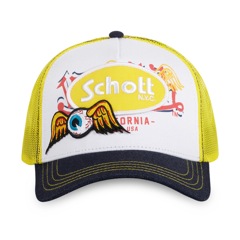 Casquette trucker avec filet en twill et denim Schott Patches Casquette trucker avec filet en twill et denim Schott Patches