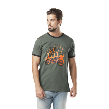 T-shirt homme col rond avec print en coton Fire Kaki