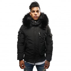 Parka homme H'echbone Police Noire Col fourrure noire