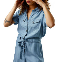 Combinaison short femme manches courtes effet denim léger Jean