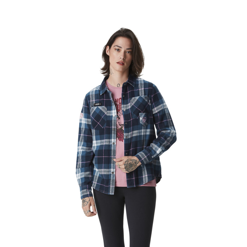 Chemise femme à carreaux tissés avec patch et logo bouclettes au dos