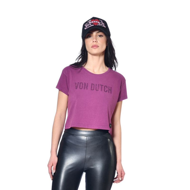 Crop top femme avec print devant avec strass en coton