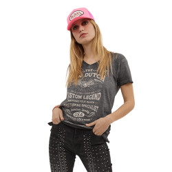 T-shirt femme col en V effet usé en coton Hand
