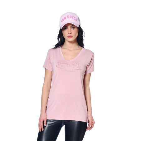 Tshirt en col V Logo Strass femme Roon