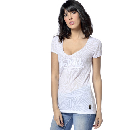 T-shirt Col V Femme Tigresse Imprimé Blanc