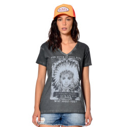 T-shirt femme col V effet usé imprimé devant What