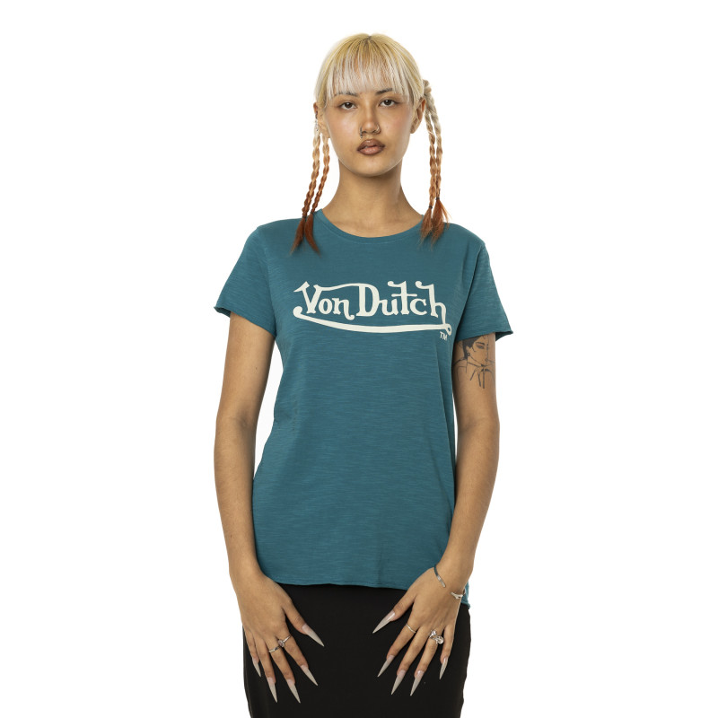 T-shirt femme col rond en slub coton avec print devant Slub