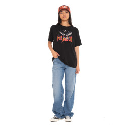 T-shirt femme Acid wash col rond revers manches avec print devant Fly