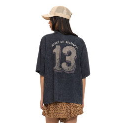 T-shirt femme oversize col rond acid wash print devant et dos Tiger
