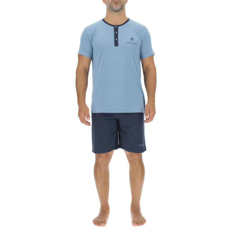Ensemble Pyjama court homme en coton uni col boutonné & Logo poitrine Ensemble Pyjama court homme en coton uni col boutonné & Logo poitrine